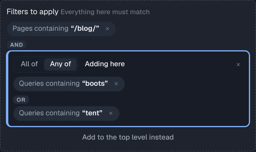 Filter builder with an Any-of group of query and page conditions.